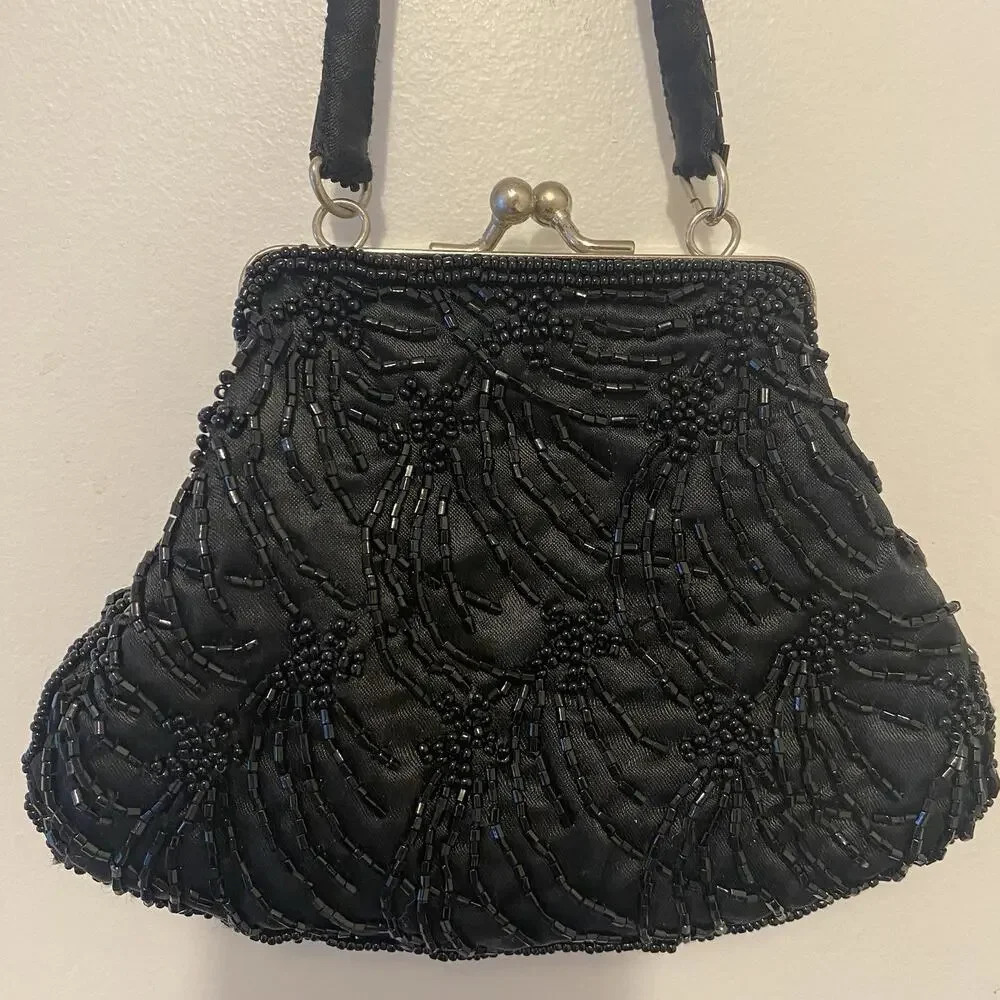 Vtg Hand Sequins Beaded Silky Black Evening Mini Bag Whimsigoth Party Cocktail